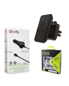 Celly Chargeur de voiture Lightning 1A + CELLY Support Magnetic + KSIX Cable Charge 2en1